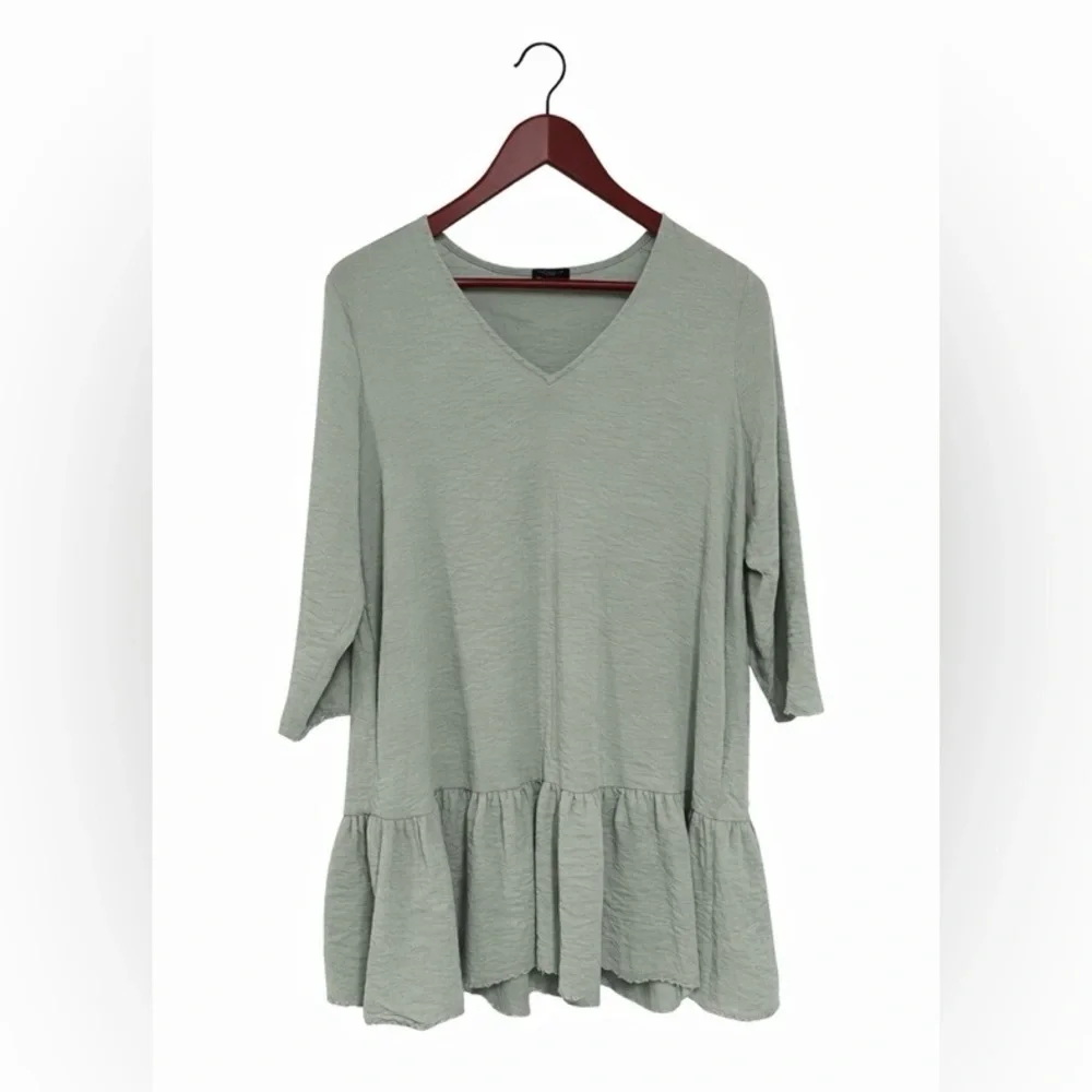 FRNCH Sage Green Mini Dress with Long Sleeves and Scalloped Hem, sz S - Picture 2 of 15